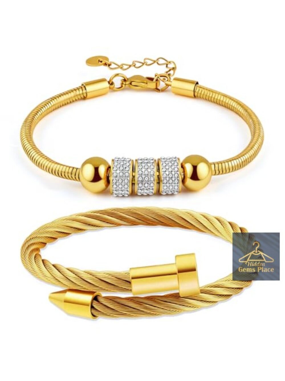 2-Piece 18K Gold Plated Nail Bangle & Chain Bracelet Set, Adjustable Stackable